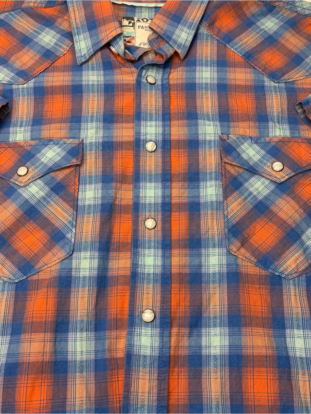 Panhandle Rough Stock Men’s Orange Blue Plaid Western Pearl Snap Shirt XL EUC